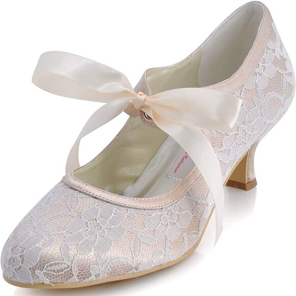 Womens Size 8 Lace Closed Toe Bridal Shoes Mary Jane Low Heels Dressy - Picture 1 of 6
